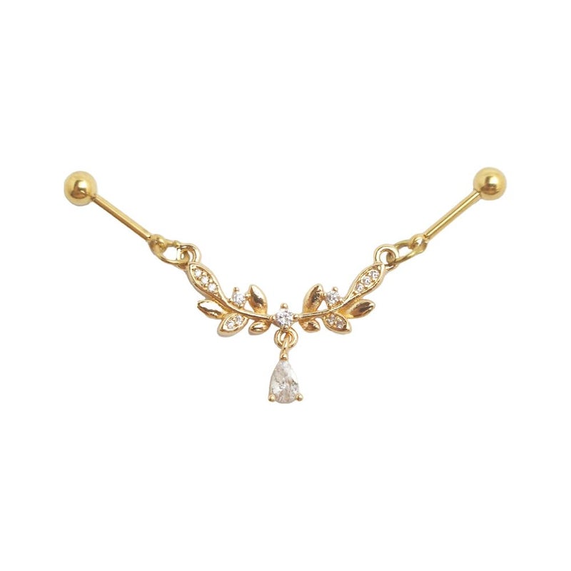 Zynova 16G CZ Leaf Chain Industrial Barbell Earrings 14K Gold Plated Industrial Piercing Jewelry Dangling Cartilage Conch Helix Barbell Earrings for Women - Image 1