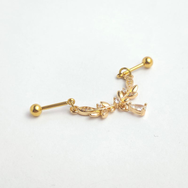 Zynova 16G CZ Leaf Chain Industrial Barbell Earrings 14K Gold Plated Industrial Piercing Jewelry Dangling Cartilage Conch Helix Barbell Earrings for Women - Image 4