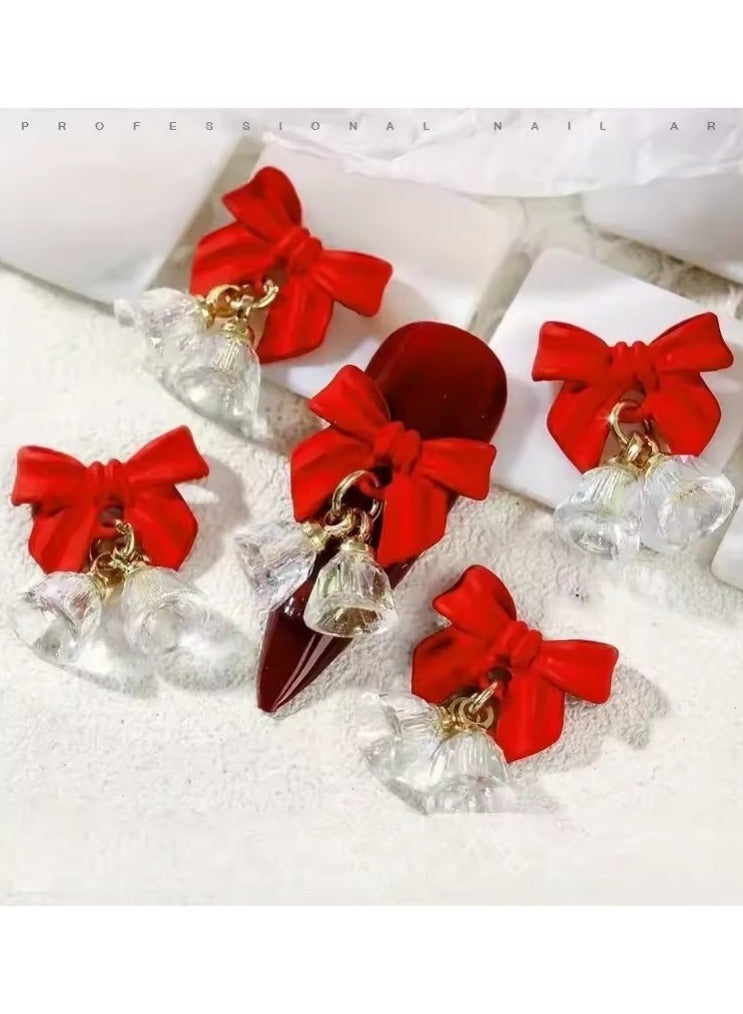 Goolsky 5pcs Festive Bell Red Bowknot Nail Art Charms New Year 2025 Luxury Crystal Aurora Bell Pendant Nail Decoration Parts - Image 2