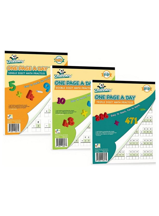 Channie's Channie’s One Page A Day Single, Double & Triple Digit Math Worksheets For Pre-K to 3rd Grade Kids, Addition & Subtraction Workbook, Easy Tear-Off Pages, 3 Pack for Daily Practice - Image 1