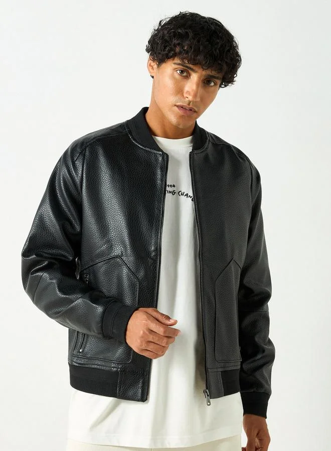 Lee Cooper Textured Bomber Jacket with Zip Closure and Pockets