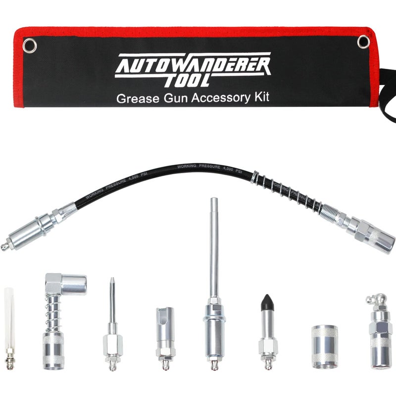 AutoWanderer Tool Grease Gun Tip 9Piece Grease Coupler Kit Quick Connect Grease Gun Fittings Complete Lube Accessories with Pouch