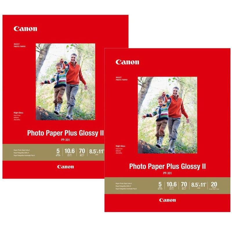 Canon 2 Pack PP-301 Photo Paper Plus Glossy II Inkjet Paper, 10.6 mil, 265 gsm, 8.5x11", 20 Sheet Pack - Image 1