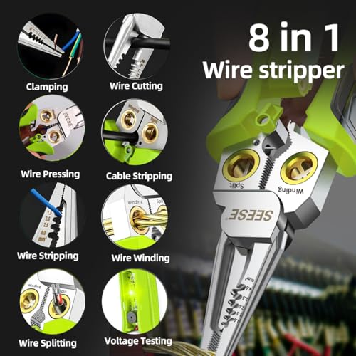 SEESE 8-in-1 Wire Stripper for Electrician: Needle Nose Pliers with Voltage Tester & Dual Alarms - Electrical Pliers for Cutting Wires, Pulling Wires and Crimp Wires - Image 4