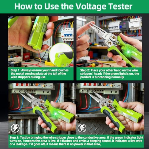 SEESE 8-in-1 Wire Stripper for Electrician: Needle Nose Pliers with Voltage Tester & Dual Alarms - Electrical Pliers for Cutting Wires, Pulling Wires and Crimp Wires - Image 3