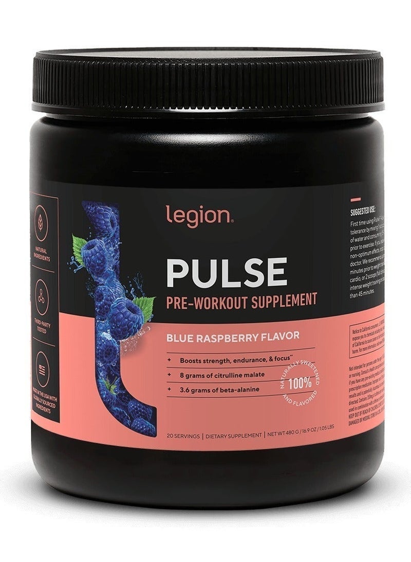 Legion Athletics Pulse Pre Workout Drink, Boosts Strength Endurance & Focus, with 8g of Citrulline Malate, 3.6 g of Beta-Alanine, 20 Servings /Net WT 480 grams / 16.9 Oz (1.05 Lbs)- Blue Raspberry Flavor - Image 1
