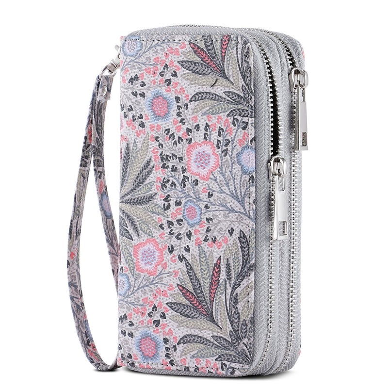 HAWEE Cellphone Wallet for Women Dual Zipper Long Purse with Removable Wristlet, Pink Fissidens Flower - Image 1