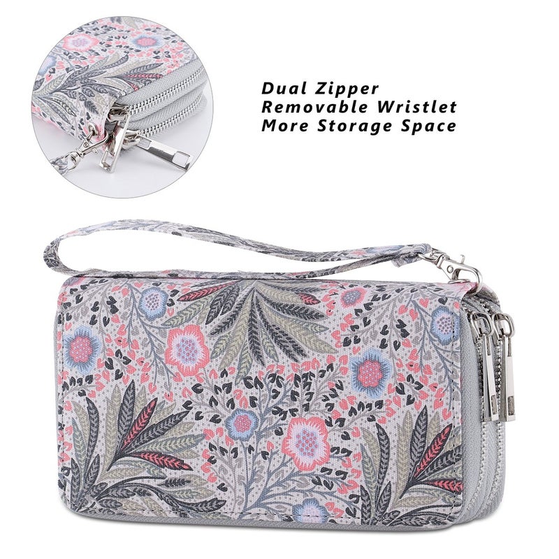 HAWEE Cellphone Wallet for Women Dual Zipper Long Purse with Removable Wristlet, Pink Fissidens Flower - Image 4