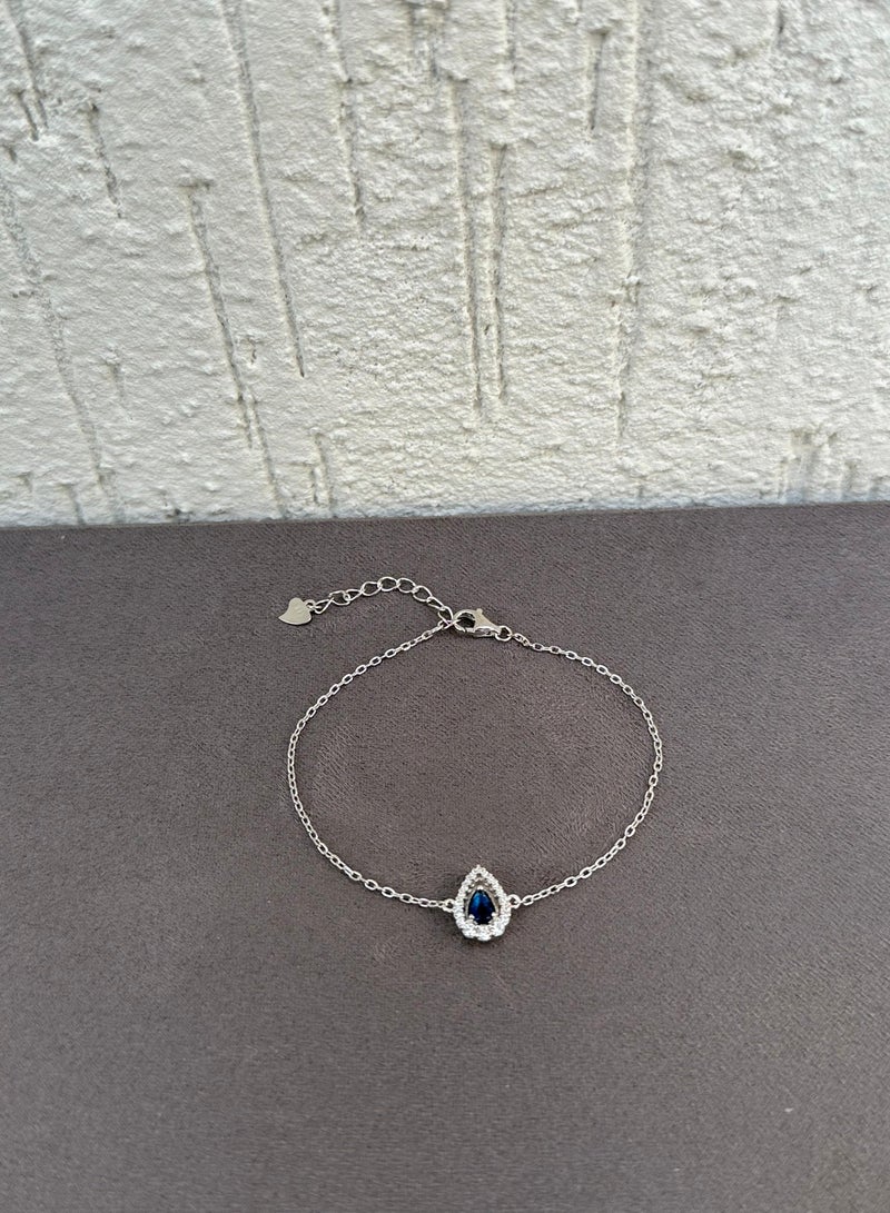 Al Kasr Jewelry Sapphire Blue Teardrop Halo Bracelet - Sterling Silver 925 - Plated Rhodium White Gold 18K - Adjustable Size - Image 1