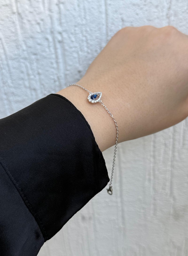 Al Kasr Jewelry Sapphire Blue Teardrop Halo Bracelet - Sterling Silver 925 - Plated Rhodium White Gold 18K - Adjustable Size - Image 2