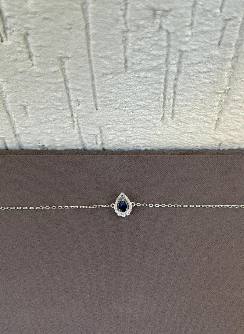Al Kasr Jewelry Sapphire Blue Teardrop Halo Bracelet - Sterling Silver 925 - Plated Rhodium White Gold 18K - Adjustable Size - Image 3