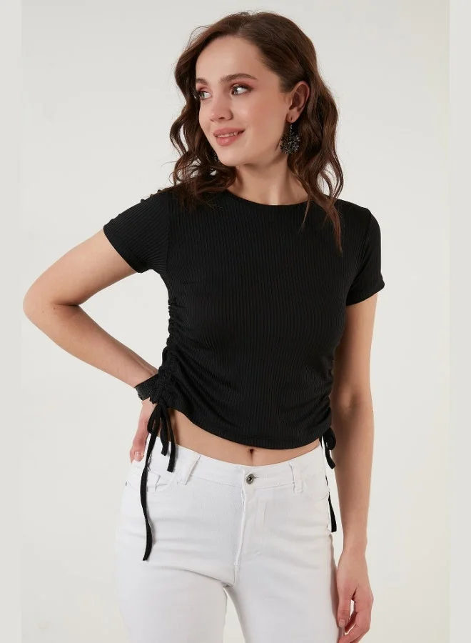 Lela Lela Side-Gathered Short Sleeve Crop Blouse Women's BLOUSE 5864010