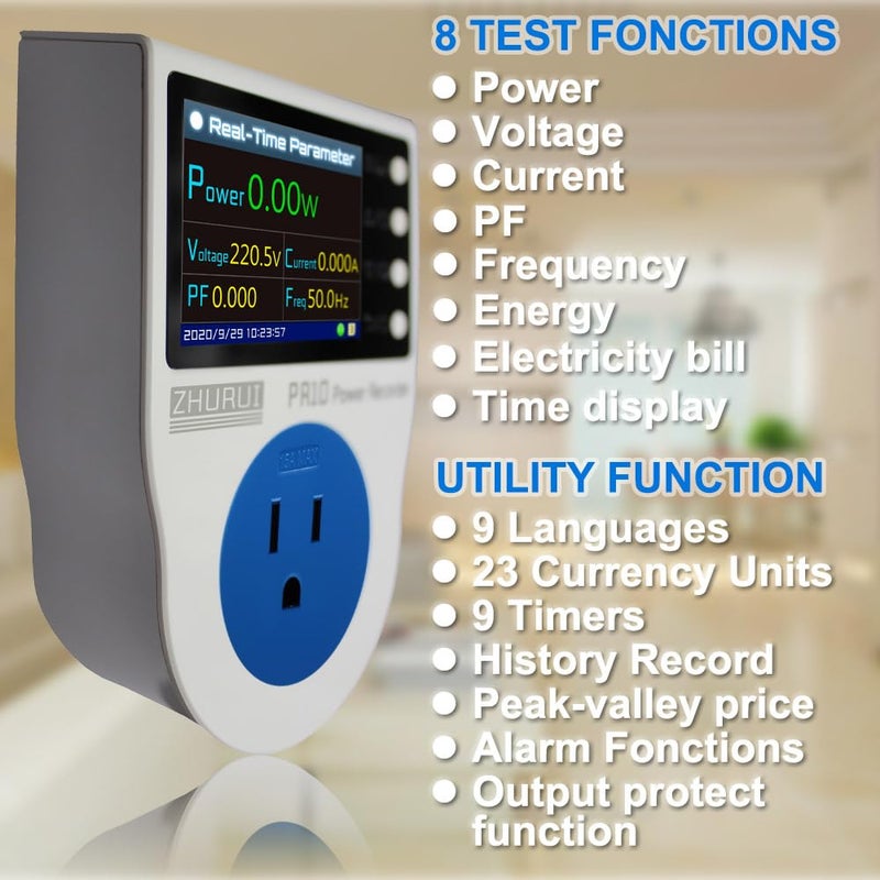 Zhurui عداد الطاقة PR10-E US15A / قابس قياس الطاقة المنزلية / مقياس واط / شاشة LCD ملونة TFT بحجم 2.4 بوصة / 0.5FS (جديد) - Image 3