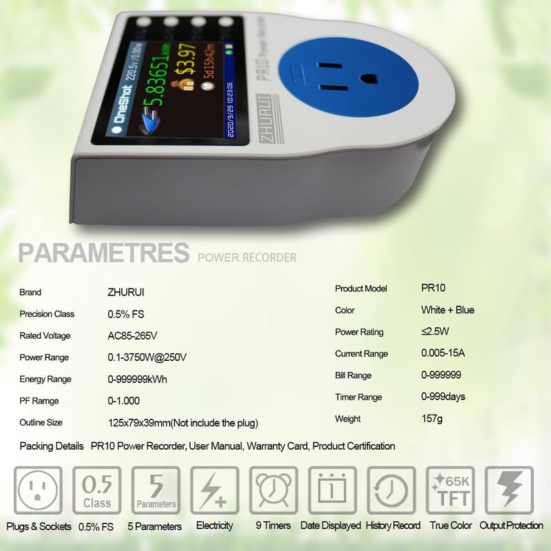 Zhurui عداد الطاقة PR10-E US15A / قابس قياس الطاقة المنزلية / مقياس واط / شاشة LCD ملونة TFT بحجم 2.4 بوصة / 0.5FS (جديد) - Image 5