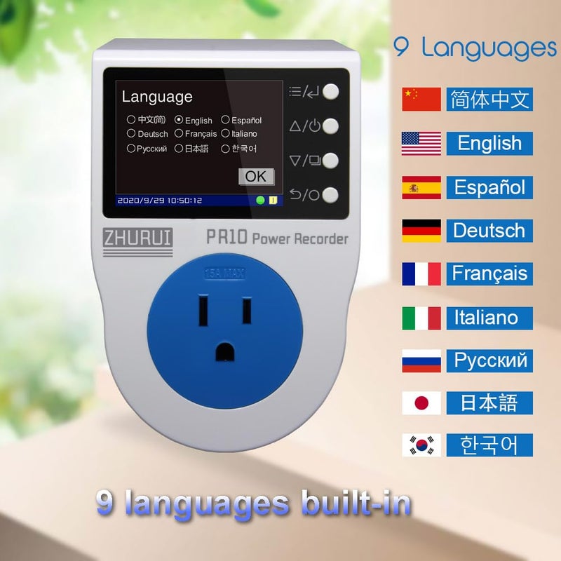 Zhurui عداد الطاقة PR10-E US15A / قابس قياس الطاقة المنزلية / مقياس واط / شاشة LCD ملونة TFT بحجم 2.4 بوصة / 0.5FS (جديد) - Image 2