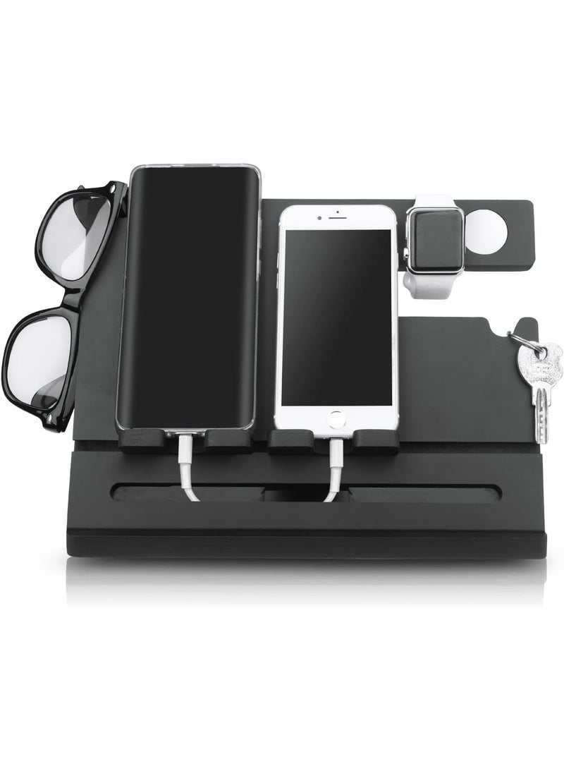 Gocokia Wood Double Phone Docking Station Ash Key Holder Wallet Stand Watch Organizer Men Wife Dad Birthday Gift Nightstand Father Gadgets Compatible with iPhone iWatch AirPods (19HSXHZJ-02) - Image 3