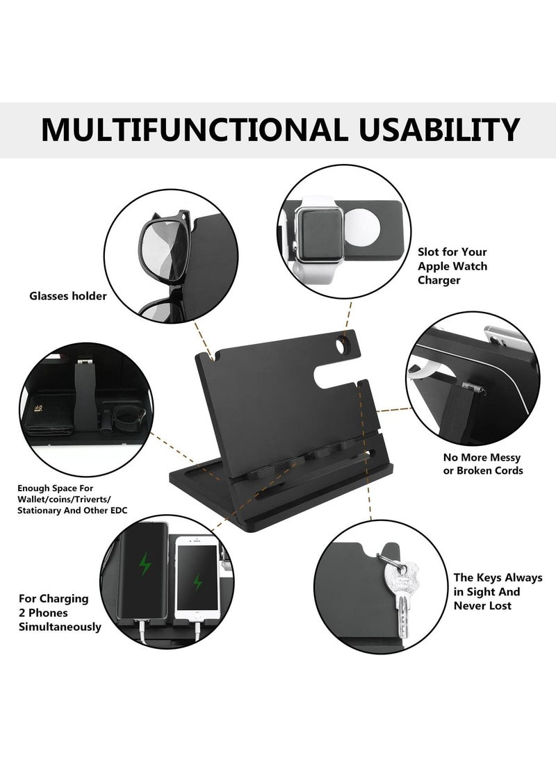 Gocokia Wood Double Phone Docking Station Ash Key Holder Wallet Stand Watch Organizer Men Wife Dad Birthday Gift Nightstand Father Gadgets Compatible with iPhone iWatch AirPods (19HSXHZJ-02) - Image 4