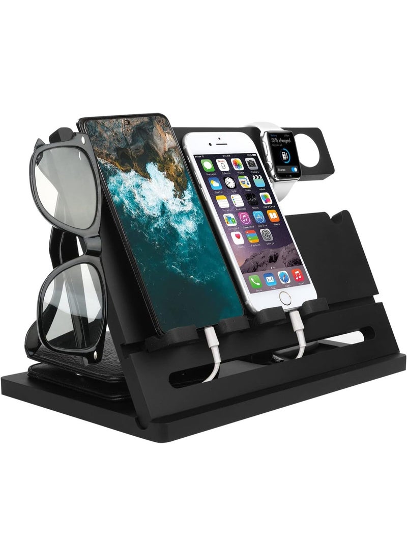 Gocokia Wood Double Phone Docking Station Ash Key Holder Wallet Stand Watch Organizer Men Wife Dad Birthday Gift Nightstand Father Gadgets Compatible with iPhone iWatch AirPods (19HSXHZJ-02) - Image 2