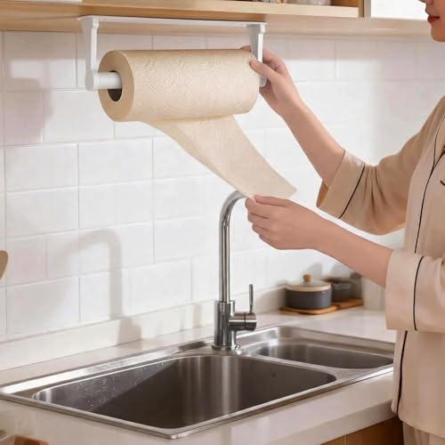 MONEER Kitchen Roll Holder Under Cabinet, Paper Towel Holder, Aluminum Alloy Kitchen Towel Holders, Self Adhesive Kitchen Roll Holder for Kitchen, Bathroom, Living Room (White) - Image 3