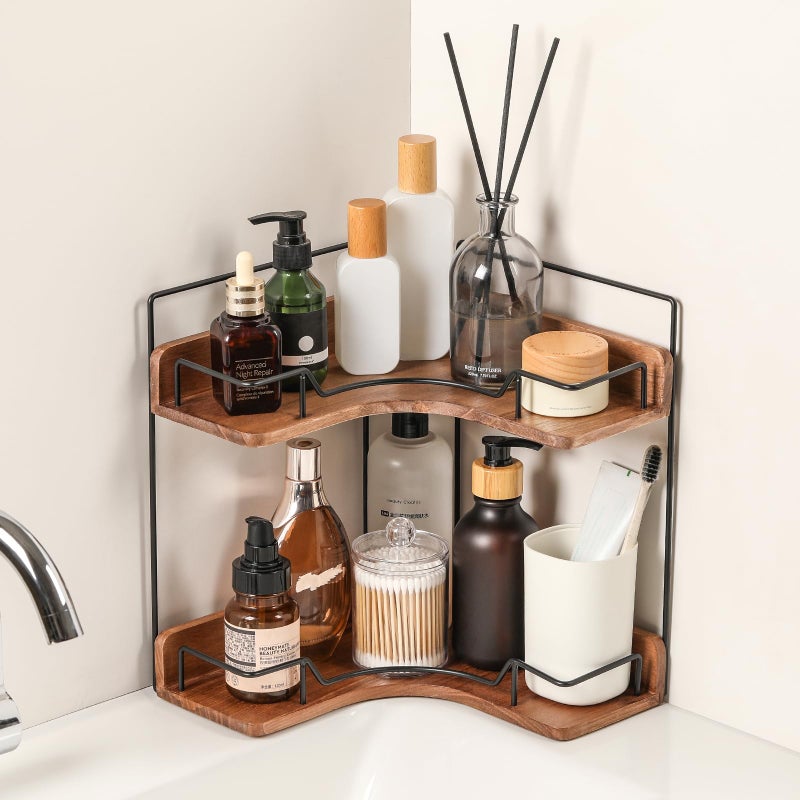Snuvid 2Tier Bathroom Counter Organizer Wooden Corner Shelf for Vanity Countertop Skincare Makeup Storage and Organization for Kitchen - Image 2