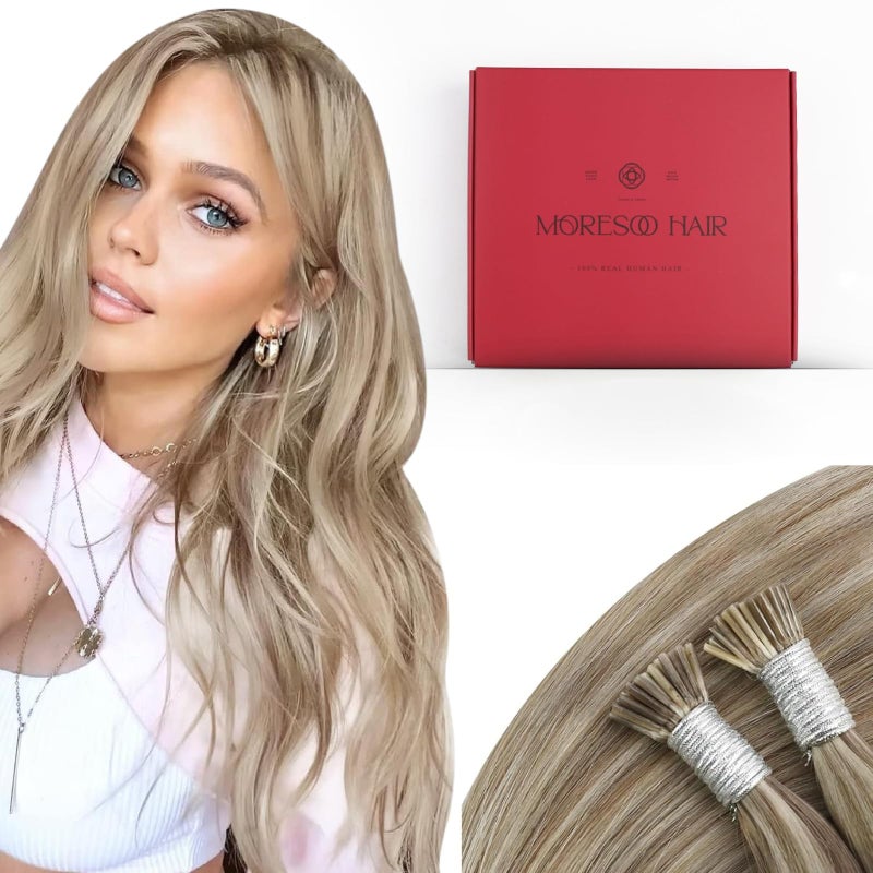 Moresoo Itip Human Hair Extensions Light Brown with Platinum Blonde Highlight I Tip Hair Extensions Human Hair Brown I Tip Extensions Real Human Hair for Women 40G50S 20 Inch