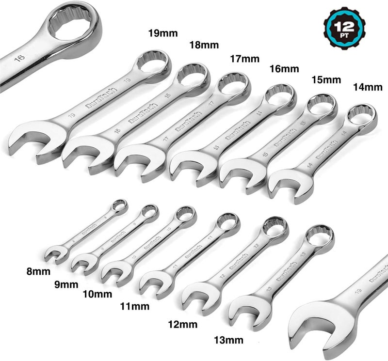 DURATECH Stubby Combination Wrench Set, Metric, 12-Piece, 8-19mm, 12 Point, CR-V Steel, with Rolling Pouch - Image 2