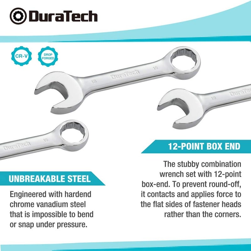 DURATECH Stubby Combination Wrench Set, Metric, 12-Piece, 8-19mm, 12 Point, CR-V Steel, with Rolling Pouch - Image 3