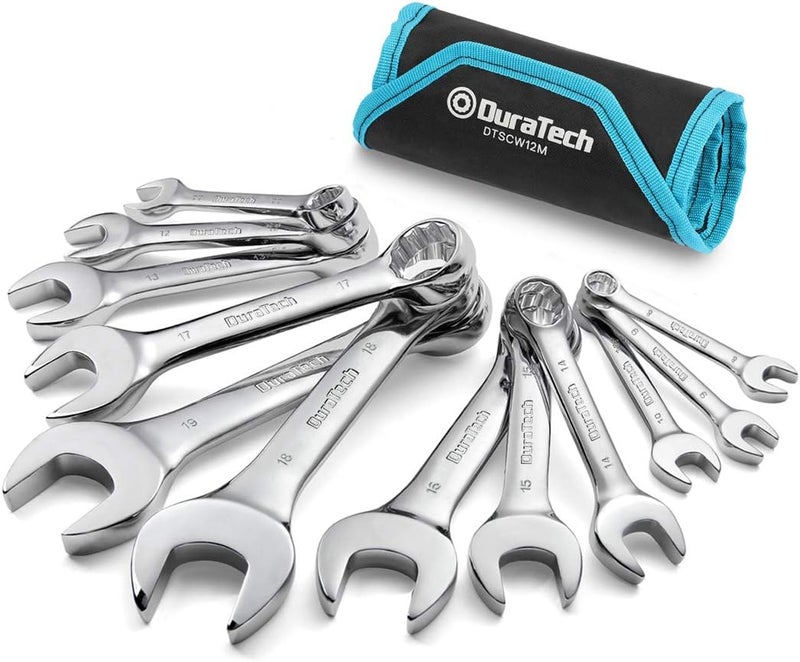 DURATECH Stubby Combination Wrench Set, Metric, 12-Piece, 8-19mm, 12 Point, CR-V Steel, with Rolling Pouch - Image 1