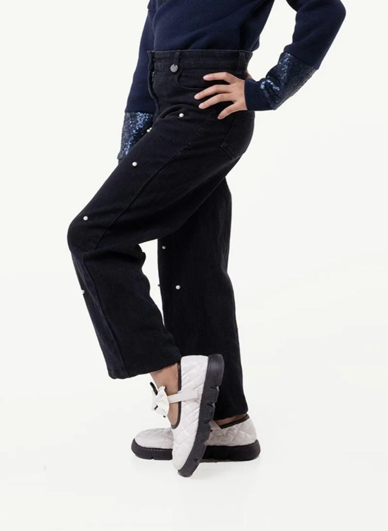 One Friday One Friday Girls Pearl-Embellished Denim Trousers