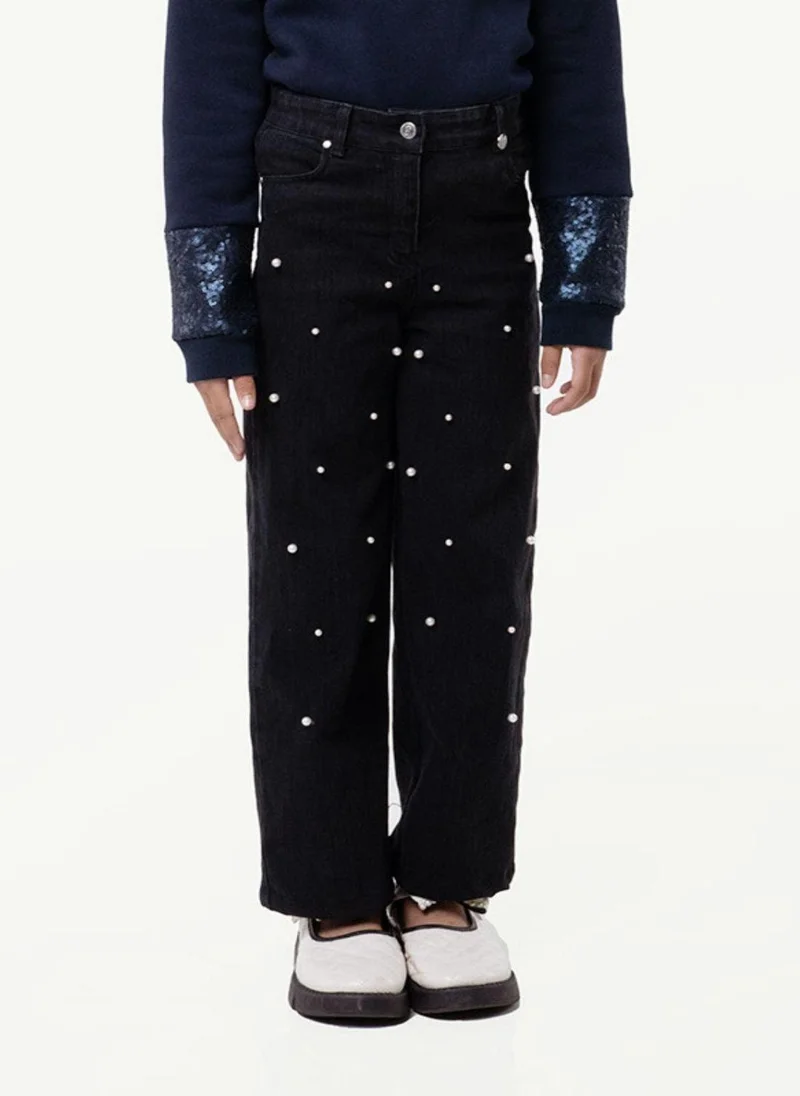 One Friday One Friday Girls Pearl-Embellished Denim Trousers