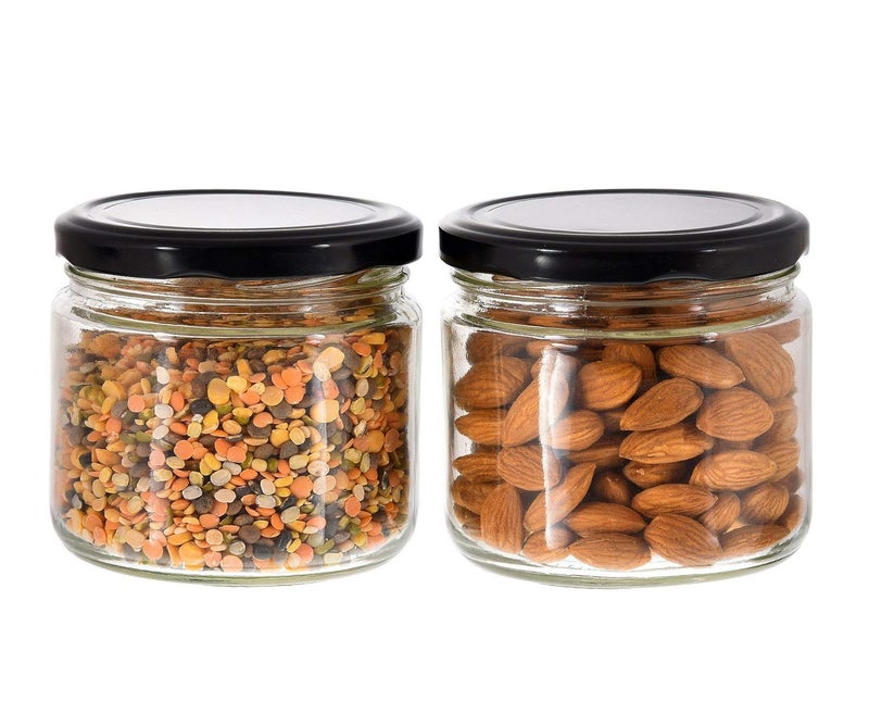 MACHAK Round Glass Jar For Kitchen Container For Storage Airtight, 350ml, Black Lid (2) - Image 1