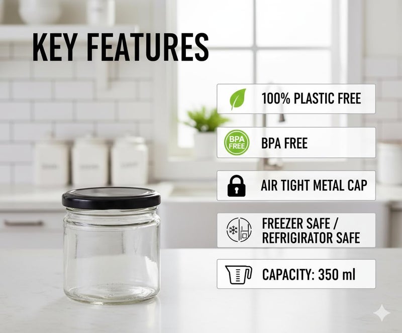 MACHAK Round Glass Jar For Kitchen Container For Storage Airtight, 350ml, Black Lid (2) - Image 3