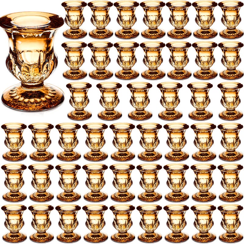 Foaincore 48 Pieces Glass Taper Candle Holders 25 Inch Clear Short Taper Candlestick Holders Bulk Elegant Glass Candle for Table Centerpiece Wedding Christmas Thanksgiving Party DecorGold 