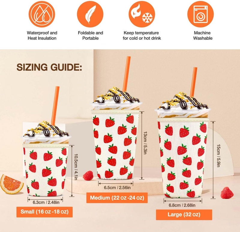 KPX 3 Pack Iced Coffee Cup Sleeve for Large Sized Cups, Reusable Neoprene Iced Coffee Cup Holder for Hot Cold Drinks, Compatible with Starbucks, Dunkin Donuts, and More（Big Strawberry） - Image 2