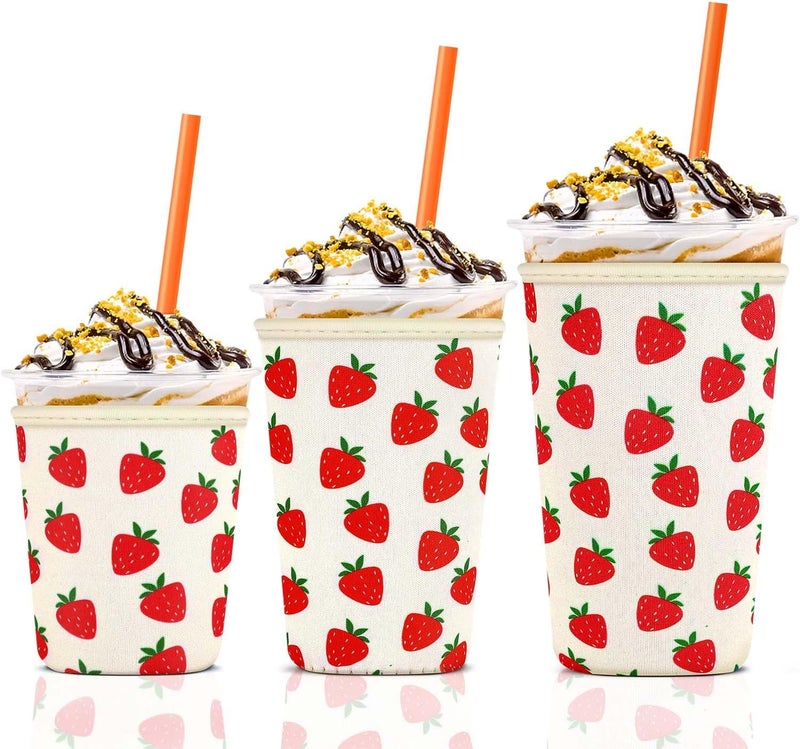 KPX 3 Pack Iced Coffee Cup Sleeve for Large Sized Cups, Reusable Neoprene Iced Coffee Cup Holder for Hot Cold Drinks, Compatible with Starbucks, Dunkin Donuts, and More（Big Strawberry） - Image 1