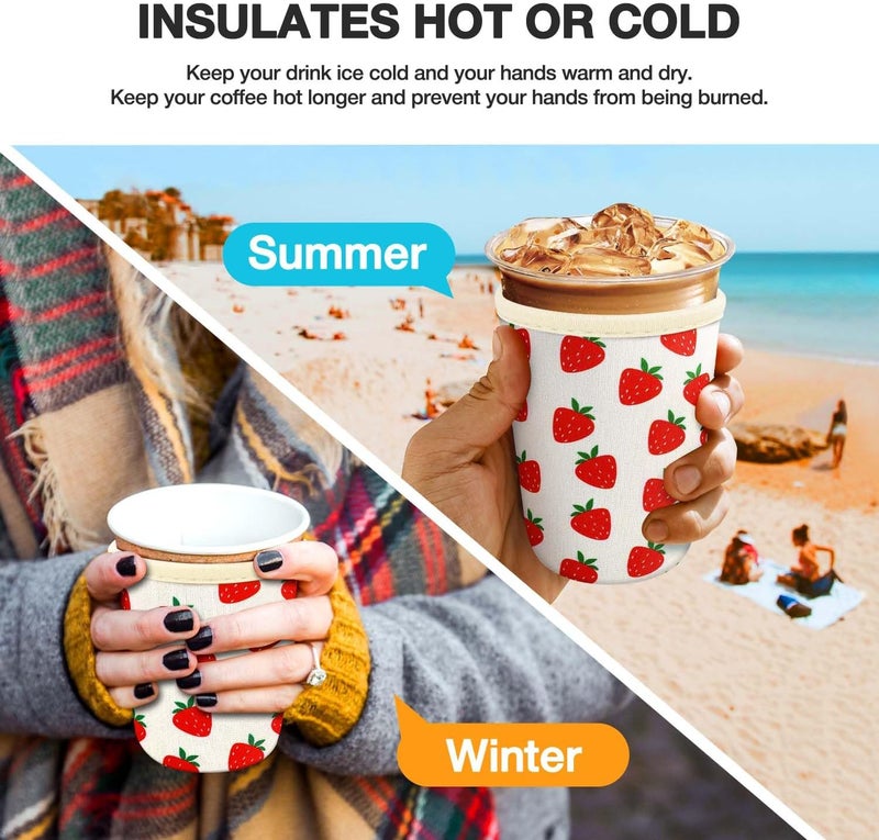 KPX 3 Pack Iced Coffee Cup Sleeve for Large Sized Cups, Reusable Neoprene Iced Coffee Cup Holder for Hot Cold Drinks, Compatible with Starbucks, Dunkin Donuts, and More（Big Strawberry） - Image 4