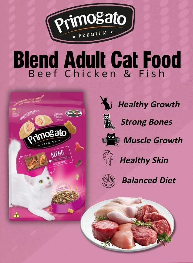 Primogato بريموجاتو بريميوم بلند طعام جاف للقطط البالغة 1 كجم - طعام للقطط بنكهة اللحم البقري والدجاج والسمك  | طعام جاف للقطط البالغة | كيس طعام مغذٍ للقطط | بديل للطعام الرطب والوجبات الخفيفة للقطط - Image 2