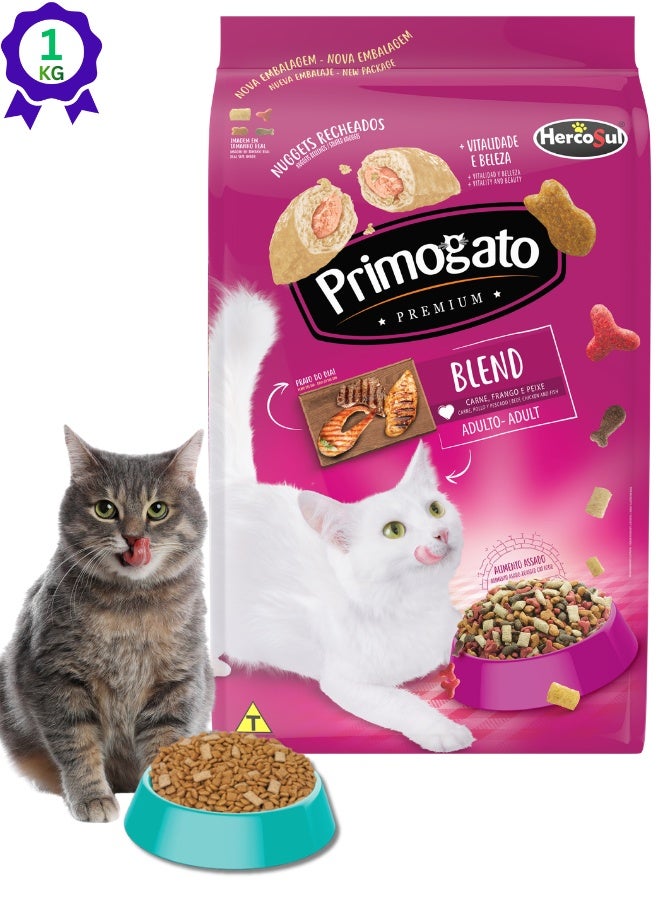 Primogato بريموجاتو بريميوم بلند طعام جاف للقطط البالغة 1 كجم - طعام للقطط بنكهة اللحم البقري والدجاج والسمك  | طعام جاف للقطط البالغة | كيس طعام مغذٍ للقطط | بديل للطعام الرطب والوجبات الخفيفة للقطط - Image 1
