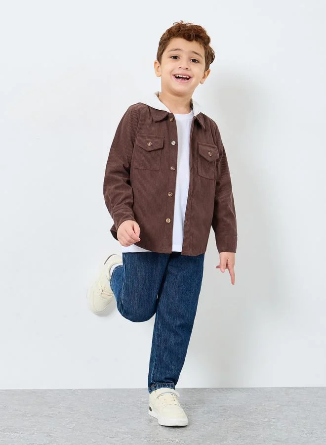 Styli Styli Boys Brown Corduroy Hooded Shacket