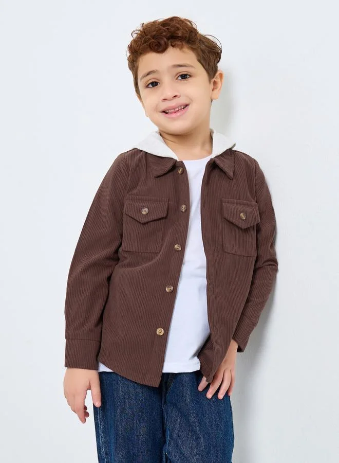 Styli Styli Boys Brown Corduroy Hooded Shacket