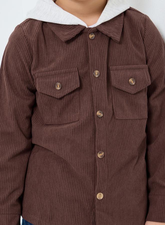 Styli Boys Brown Corduroy Hooded Shacket - Image 4