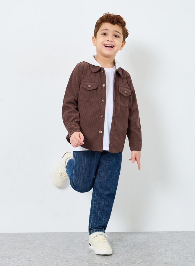 Styli Boys Brown Corduroy Hooded Shacket - Image 2