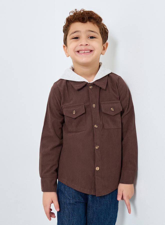 Styli Boys Brown Corduroy Hooded Shacket - Image 1