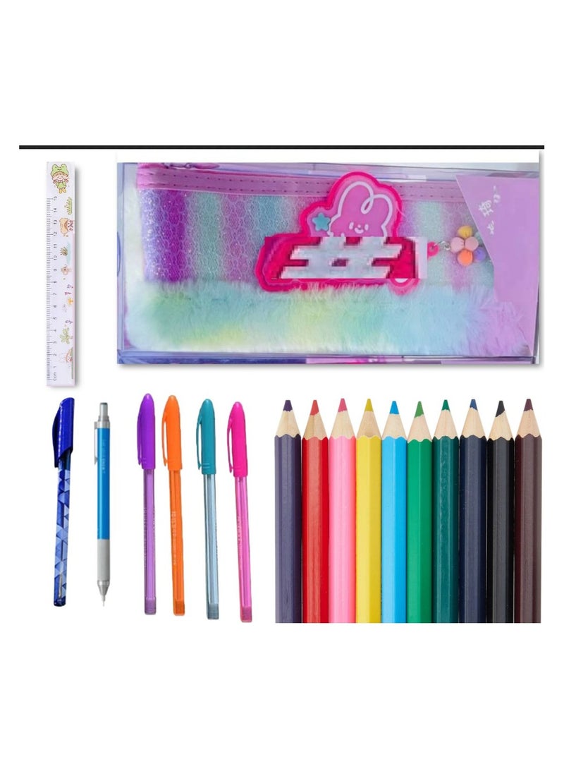 20-piece school supplies set (pencil case with zipper + 4 fluorescent colors + 12 wood colors + pencil + pen + 15 cm ruler) - Image 1