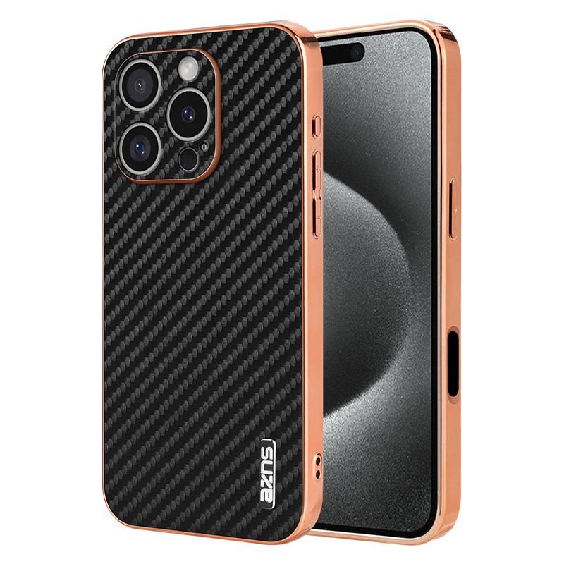iPhone 15 Pro Carbon Fiber Protective PC for iPhone 15 15 Plus 15 Pro 15 Pro Max with Electroplated and Texture in Black - Image 1