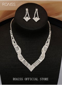 roaiss 3 Pcs Rhinestone Necklace Earrings Set Flash Diamond V-neck Collar Chain Ear Drop Dangle Bridal Evening Dress Accessories for Women Silver/Clear  - Image 3