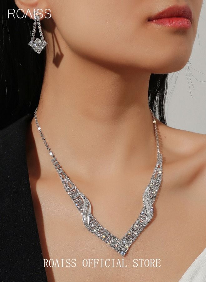 roaiss 3 Pcs Rhinestone Necklace Earrings Set Flash Diamond V-neck Collar Chain Ear Drop Dangle Bridal Evening Dress Accessories for Women Silver/Clear  - Image 1