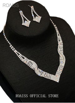 roaiss 3 Pcs Rhinestone Necklace Earrings Set Flash Diamond V-neck Collar Chain Ear Drop Dangle Bridal Evening Dress Accessories for Women Silver/Clear  - Image 2