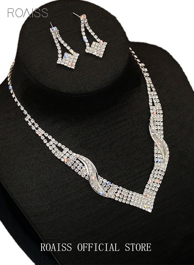 roaiss 3 Pcs Rhinestone Necklace Earrings Set Flash Diamond V-neck Collar Chain Ear Drop Dangle Bridal Evening Dress Accessories for Women Silver/Clear  - Image 2