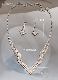 roaiss 3 Pcs Rhinestone Necklace Earrings Set Flash Diamond V-neck Collar Chain Ear Drop Dangle Bridal Evening Dress Accessories for Women Silver/Clear  - Image 5